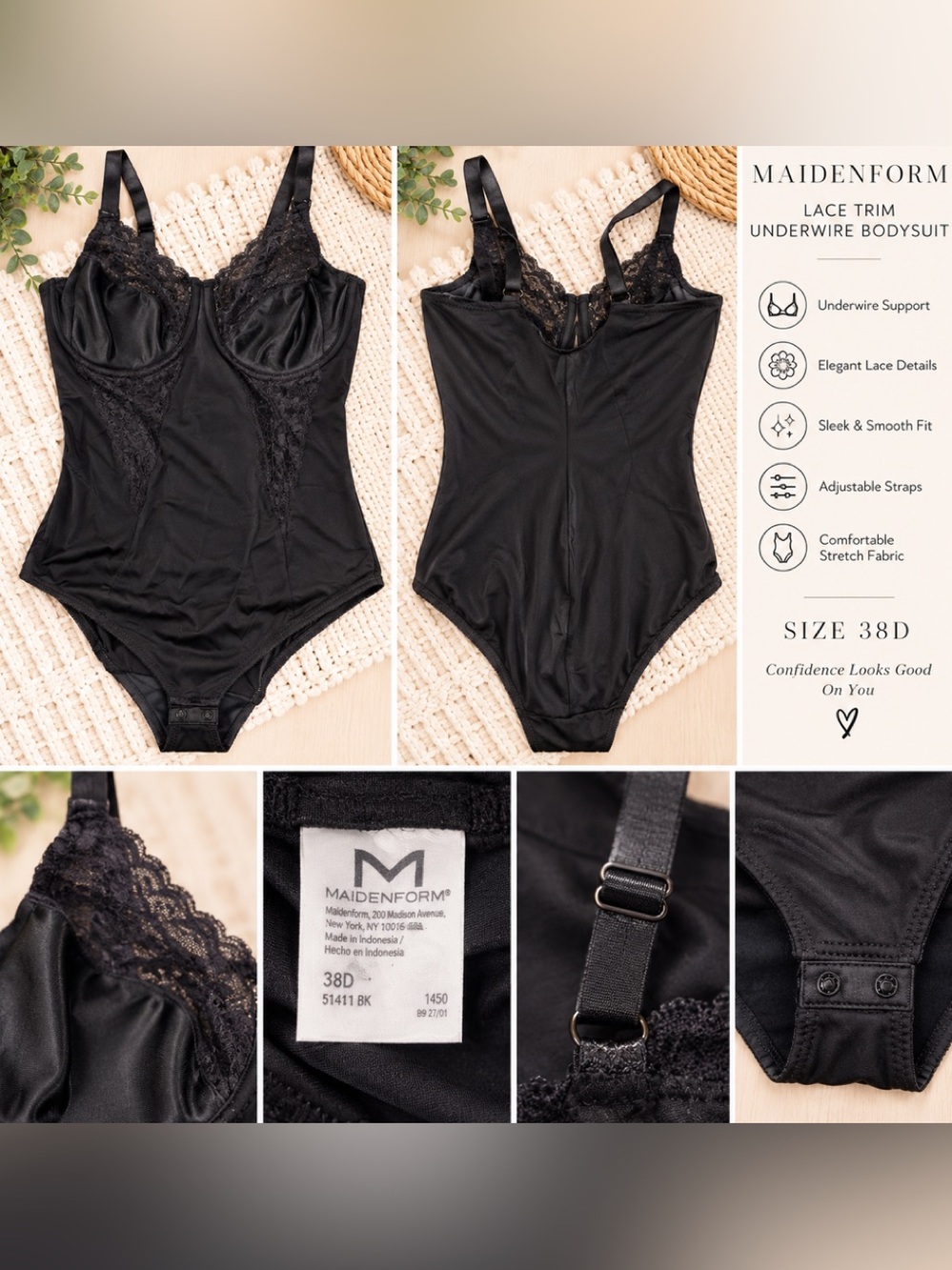 Maidenform Women’s Black Lace Underwire Shaping Bodysuit – Size 38D